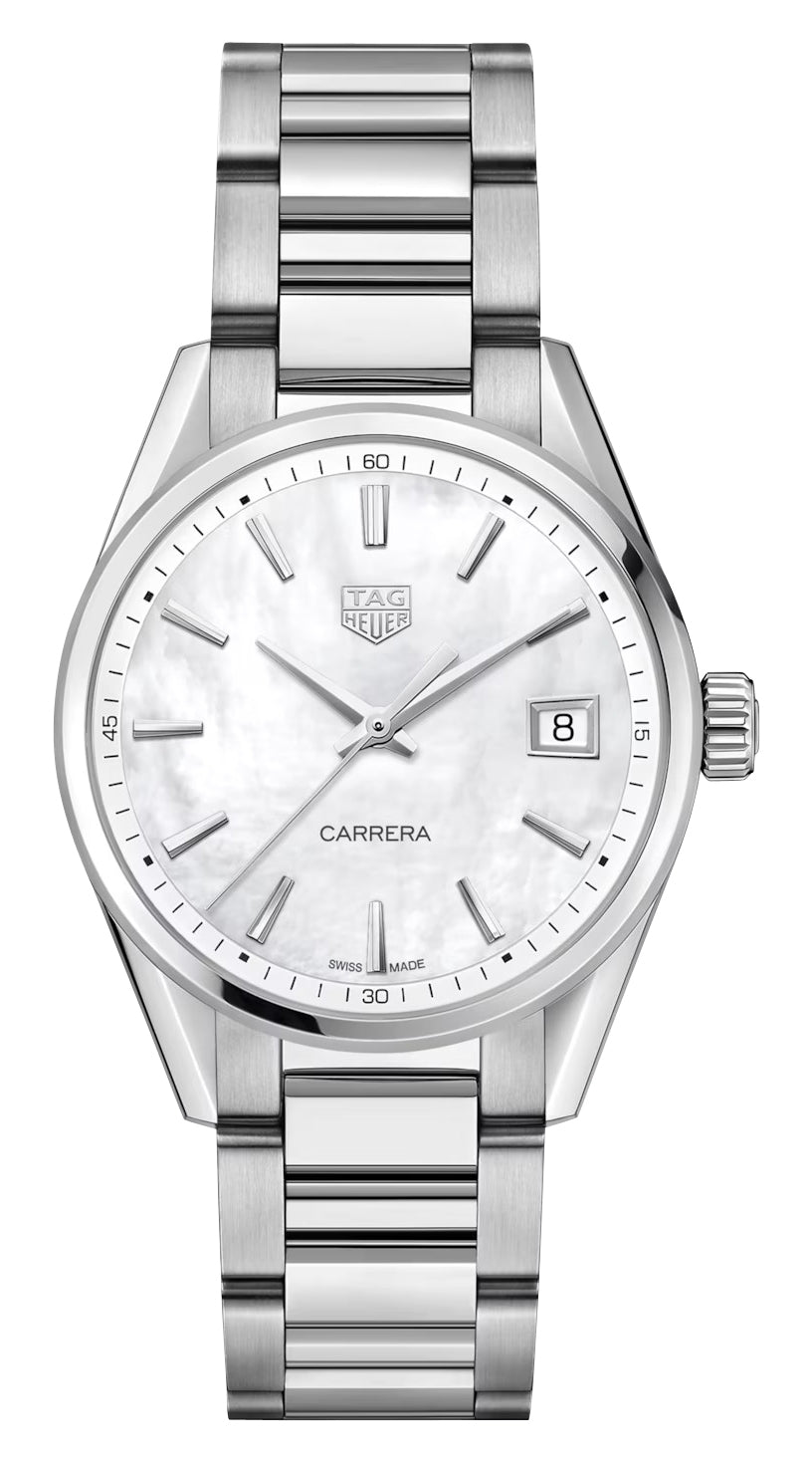 TAG Heuer Carrera Stainless Steel Mother - Of - Pearl Dial Date Quartz Womens Watch WBK1311.BA0652 - Watches & Beyond