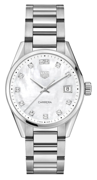 TAG Heuer Carrera Stainless Steel Mother - Of - Pearl Dial Diamonds Date Quartz Womens Watch WBK1318.BA0652 - WAB - Shipping Dept.