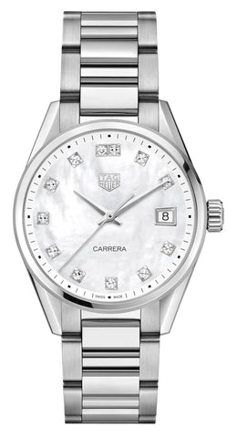 TAG Heuer Carrera Stainless Steel Mother - Of - Pearl Dial Diamonds Date Quartz Womens Watch WBK1318.BA0652 - WAB - Shipping Dept.