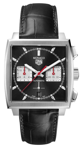 TAG Heuer Monaco Automatic Chronograph Stainless Steel Black Dial Black Leather Strap Date Mens Watch CBL2113.FC6177 - WAB - Shipping Dept.