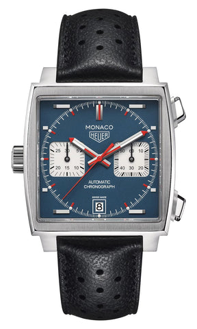 TAG Heuer Monaco Automatic Chronograph Stainless Steel Blue Dial Black Leather Strap Date Mens Watch CAW211P.FC6356 - WAB - Shipping Dept.