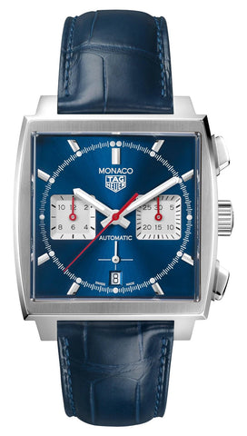 TAG Heuer Monaco Automatic Chronograph Stainless Steel Blue Dial Blue Leather Strap Date Mens Watch CBL2111.FC6453 - WAB - Shipping Dept.