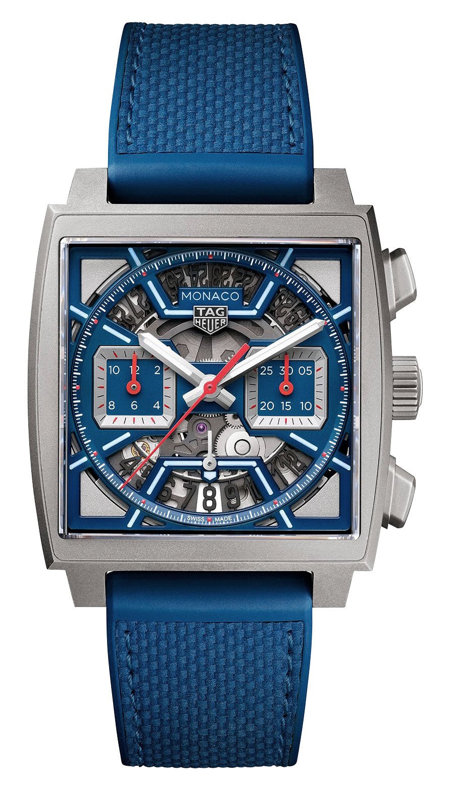 TAG Heuer Monaco Automatic Chronograph Titanium Blue Skeleton Dial Date Blue Rubber Strap Mens Watch CBL2182.FT6235 - Watches & Beyond