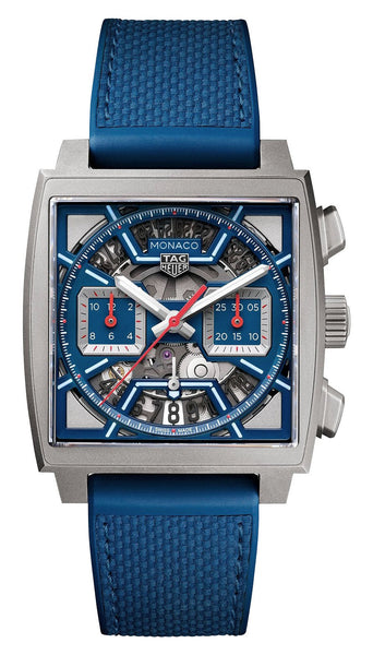 TAG Heuer Monaco Automatic Chronograph Titanium Blue Skeleton Dial Date Blue Rubber Strap Mens Watch CBL2182.FT6235 - Watches & Beyond