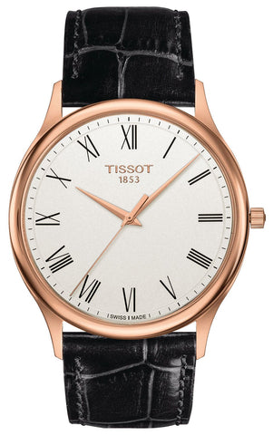 Tissot T - Gold Excellence 18K Rose Gold Cream Dial Black Leather Strap Quartz Mens Watch T9264107601300 - WAB - Shipping Dept.