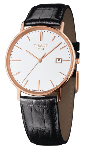 Tissot T - Gold Goldrun 18K Rose Gold White Dial Black Leather Strap Date Quartz Mens Watch T9224107601100 - WAB - Shipping Dept.