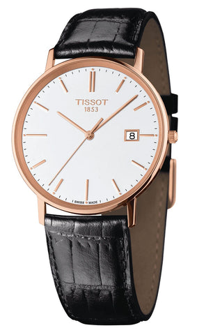 Tissot T - Gold Goldrun 18K Rose Gold White Dial Black Leather Strap Date Quartz Mens Watch T9224107601100 - WAB - Shipping Dept.