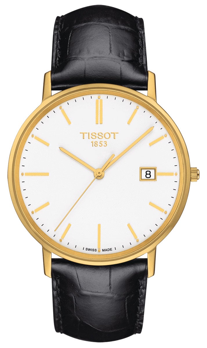 Tissot T-Gold Goldrun 18K Yellow Gold White Dial Black Leather Strap D