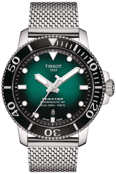 Tissot T - Sport Seastar 1000 Automatic Powermatic 80 Green Dial Stainless Steel Mesh Mens Watch T120.407.11.091.00 - WAB - Shipping Dept.