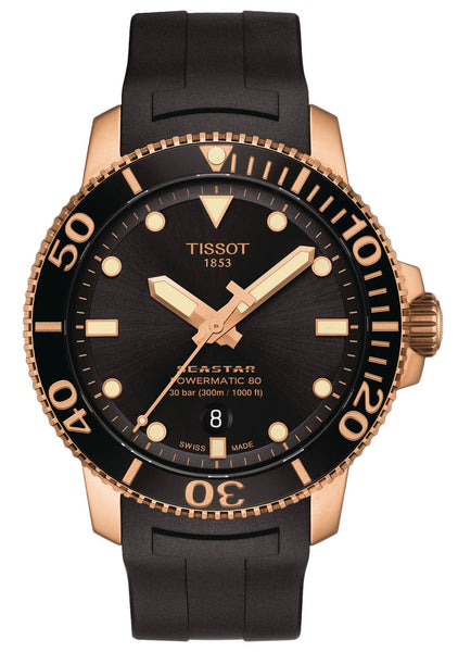 Tissot T - Sport Seastar 1000 Automatic Powermatic 80 Rose Gold PVD Black Dial Black Rubber Strap Date Divers Mens Watch T120.407.37.051.01 - WAB - Shipping Dept.