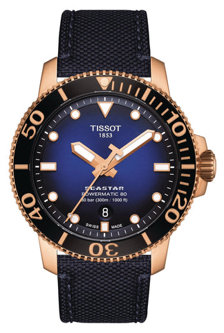 Tissot T - Sport Seastar 1000 Automatic Powermatic 80 Rose Gold PVD Blue Dial Blue Textile Strap Date Mens Watch T120.407.37.041.00 - WAB - Shipping Dept.