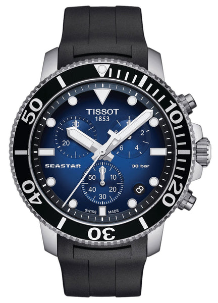 Tissot T - Sport Seastar 1000 Chronograph Stainless Steel Blue Dial Black Rubber Strap Date Divers Quartz Mens Watch T120.417.17.041.00 - WAB - Shipping Dept.