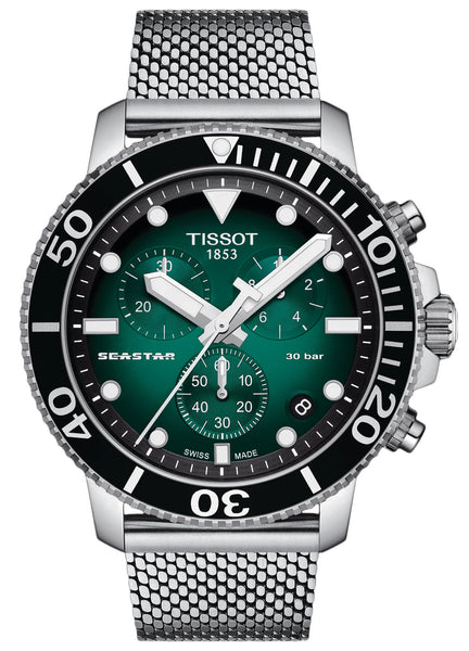 Tissot T - Sport Seastar 1000 Chronograph Stainless Steel Mesh Green Dial Date Divers Quartz Mens Watch T120.417.11.091.00 - WAB - Shipping Dept.