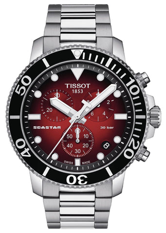 Tissot T - Sport Seastar 1000 Chronograph Stainless Steel Red Dial Date Divers Quartz Mens Watch T120.417.11.421.00 - WAB - Shipping Dept.