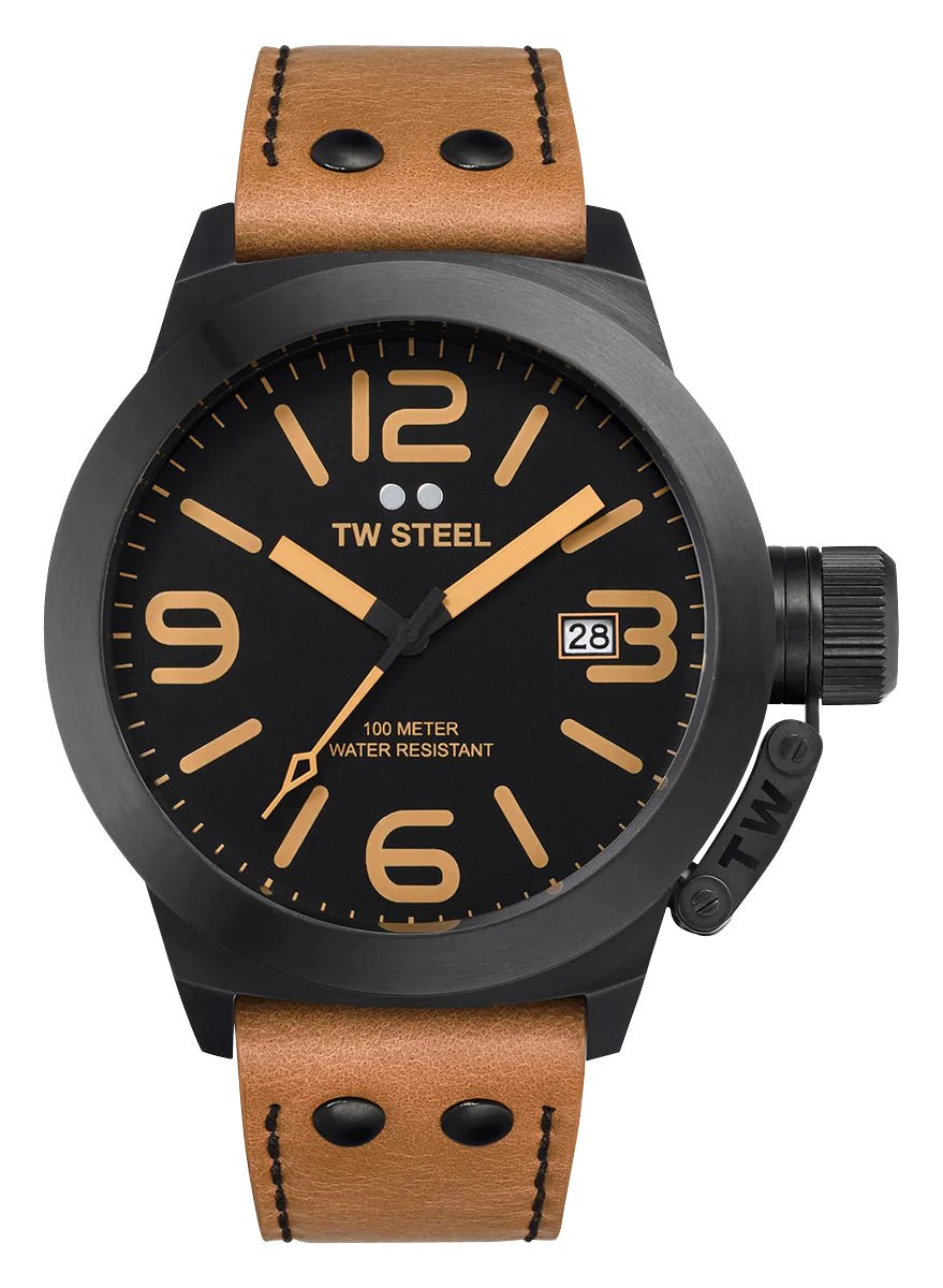 TW Steel Canteen Black PVD Black Dial Brown Leather Strap Date Quartz Mens Watch CS42 - WAB - Shipping Dept.