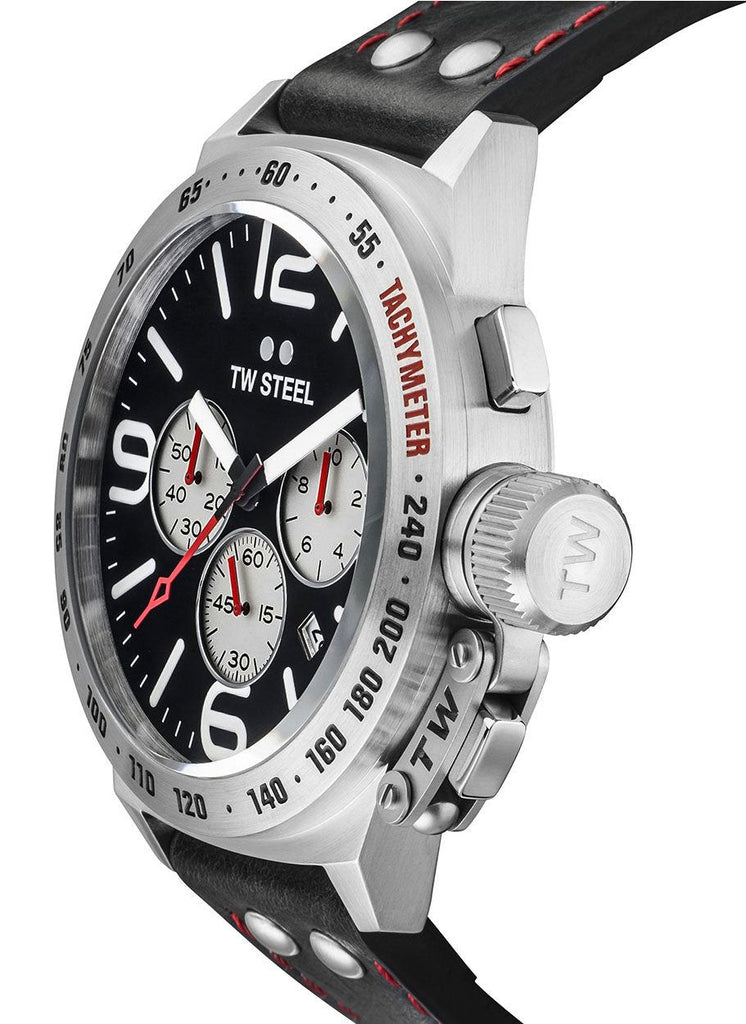 TW Steel Canteen Chronograph Stainless Steel Black Leather Strap Black