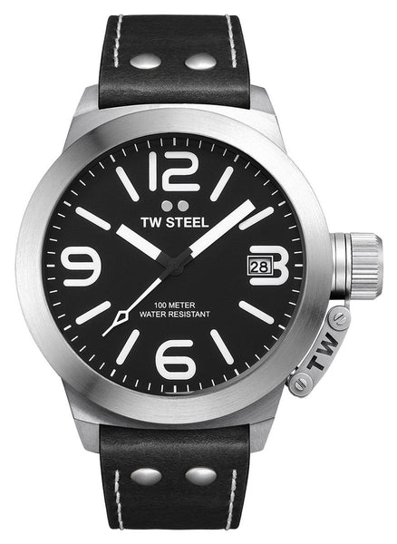 TW Steel Canteen Stainless Steel Black Leather Strap Black Dial Date Quartz Mens Watch CS1 - WAB - Shipping Dept.