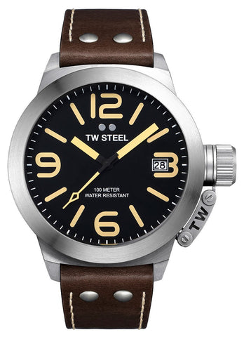 TW Steel Canteen Stainless Steel Brown Leather Strap Black Dial Date Quartz Mens Watch CS31 - WAB - Shipping Dept.