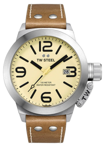 TW Steel Canteen Stainless Steel Cream Dial Brown Leather Strap Date Quartz Mens Watch CS12 - WAB - Shipping Dept.