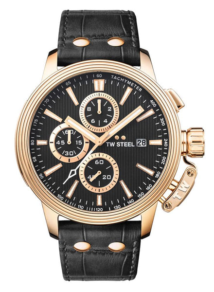 TW Steel Ceo Adesso Chronograph Rose Gold PVD Black Leather Strap Black Dial Quartz Date Mens Watch CE7012 - WAB - Shipping Dept.