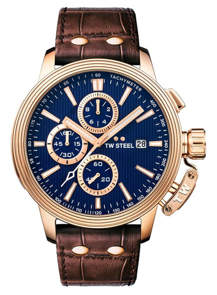 TW Steel Ceo Adesso Chronograph Rose Gold PVD Brown Leather Strap Blue Dial Quartz Date Mens Watch CE7018 - WAB - Shipping Dept.