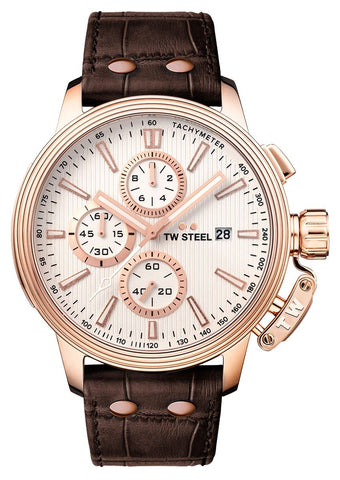 TW Steel Ceo Adesso Chronograph Rose Gold PVD Brown Leather Strap Silver Dial Quartz Date Mens Watch CE7014 - WAB - Shipping Dept.