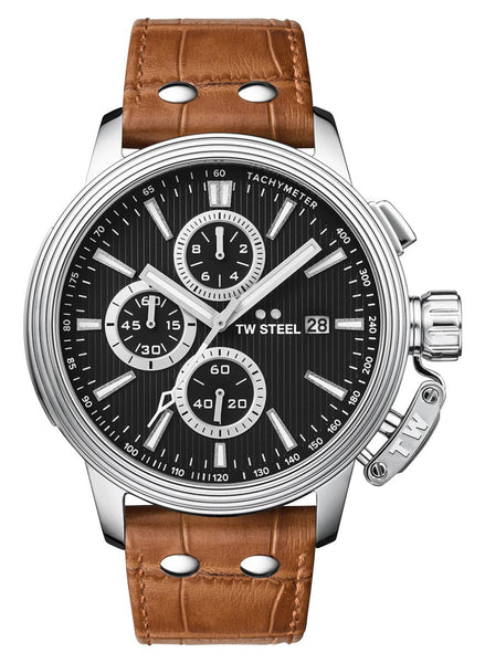 TW Steel CEO Adesso Chronograph Stainless Steel Black Dial Brown Leather Strap Date Quartz Mens Watch CE7003 - WAB - Shipping Dept.