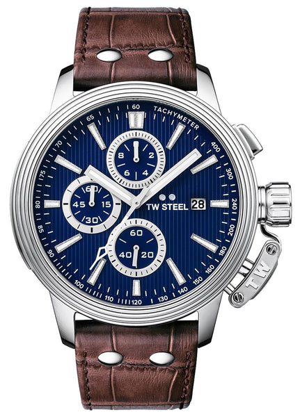 TW Steel Ceo Adesso Chronograph Stainless Steel Brown Leather Strap Blue Dial Quartz Date Mens Watch CE7010 - WAB - Shipping Dept.