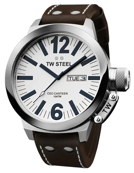 TW Steel CEO Canteen Stainless Steel White Dial Brown Leather Strap Day/Date Quartz Mens Watch CE1006 - WAB - Shipping Dept.