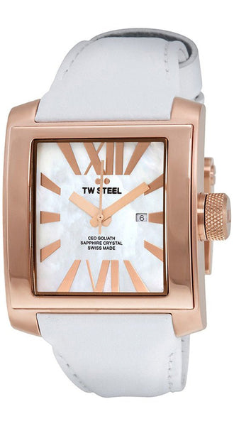 TW Steel CEO Goliath Rose Gold PVD Stainless Steel White Leather Quartz Date Mother of Pearl Dial Unisex Watch CE3016 - WAB - Shipping Dept.