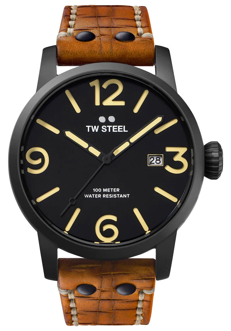 TW Steel Maverick Black PVD Black Dial Brown Leather Strap Date Quartz Mens Watch MS32 - WAB - Shipping Dept.