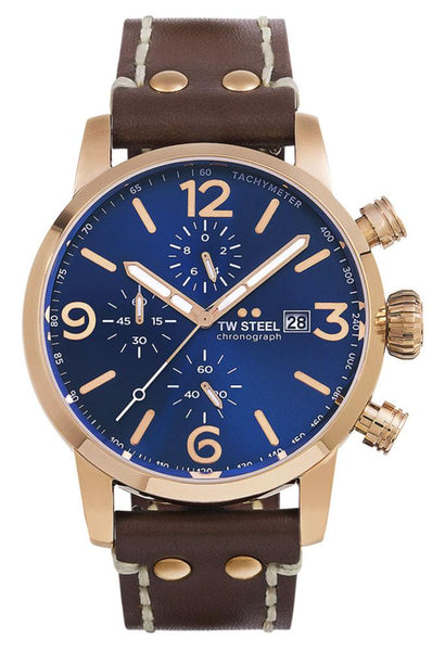 TW Steel Maverick Chronograph Rose Gold PVD Brown Leather Strap Blue Dial Quartz Date Mens Watch MS84 - WAB - Shipping Dept.