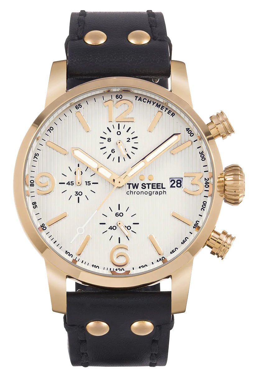 TW Steel Maverick Chronograph Rose Gold PVD White Dial Black Leather Strap Date Quartz Mens Watch MS73 - WAB - Shipping Dept.