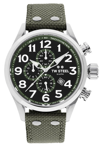 TW Steel Volante Chronograph Stainless Steel Green Textile Strap Black Dial Quartz Date Mens Watch VS23 - WAB - Shipping Dept.