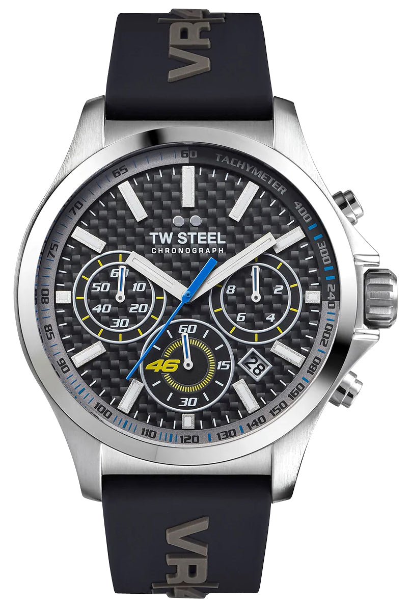 TW Steel VR46 Pilot Special Edition Chronograph Stainless Steel Black Dial Black Silicon Strap Date Quartz Mens Watch TW938 - WAB - Shipping Dept.