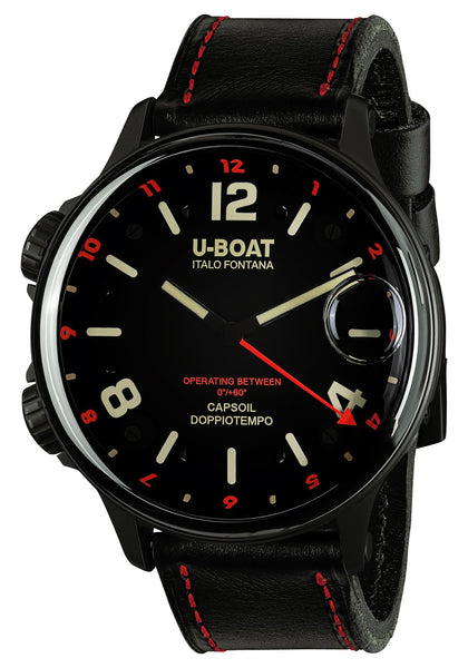 U - Boat Capsoil Doppiotempo Black DLC Steel Black Dial Black Leather Interchangeable Black Rubber Quartz Mens Watch 9673 - Watches & Beyond