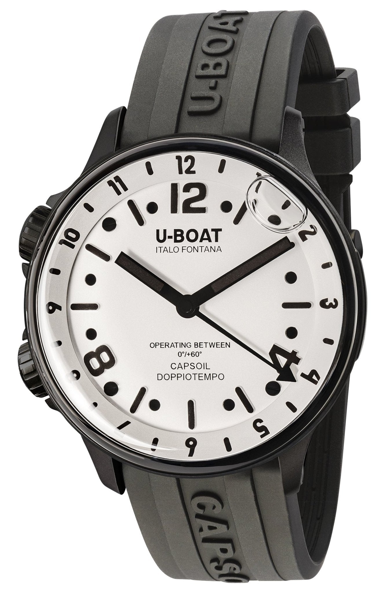 U - Boat Capsoil Doppiotempo Black DLC Steel White Dial Black Rubber Strap Swiss Electro - mechanical Mens Watch 8889 - WAB - Shipping Dept.