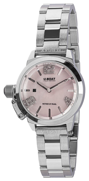 U - Boat Classico Stainless Steel Pink Mother - Of - Pearl Dial Diamonds Date Quartz Womens Watch 8898 - Watches & Beyond