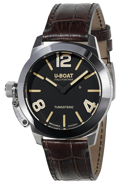 U - Boat Classico Stratos Manual Wind Stainless Steel Black Dial Brown Leather Strap Mens Watch 9002 - WAB - Shipping Dept.