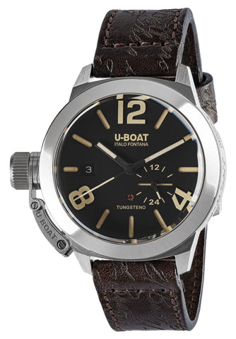 U - Boat Classico Tungsteno Automatic Stainless Steel Black Dial Brown Leather Strap Date Mens Watch 8893 - WAB - Shipping Dept.