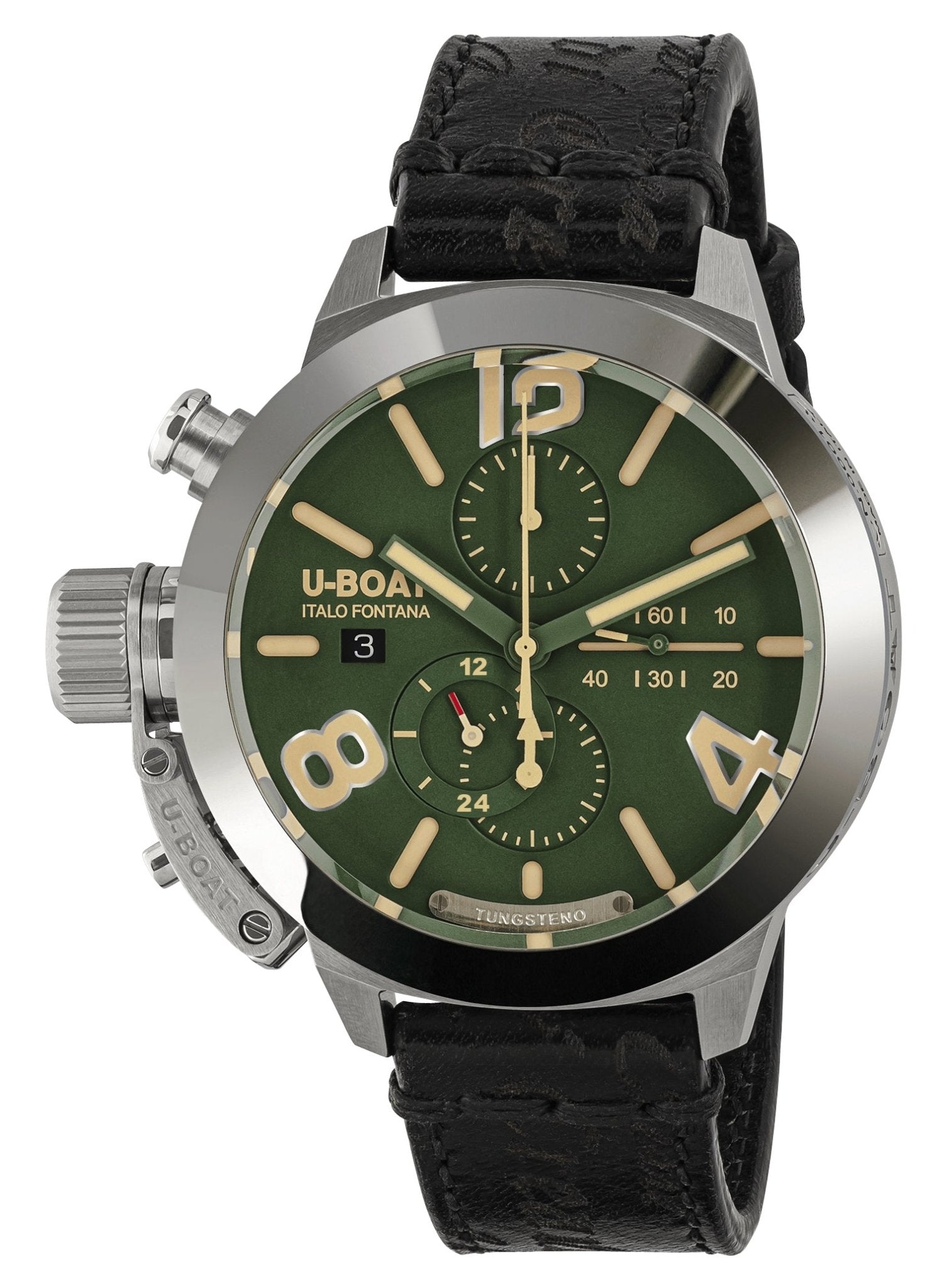 U - Boat Classico Tungsteno CAS Automatic Chronograph Stainless Steel Green Dial Black Leather Strap Date Mens Watch 9581 - Watches & Beyond