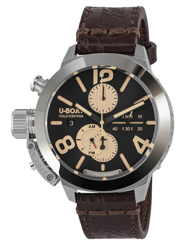 U - Boat Classico Tungsteno CAS1 Automatic Chronograph Stainless Steel Black Dial Brown Leather Strap Date Mens Watch 9567 - Watches & Beyond