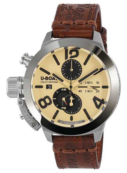 U - Boat Classico Tungsteno CAS2 Automatic Chronograph Stainless Steel Beige Dial Brown Leather Strap Date Mens Watch 9568 - Watches & Beyond
