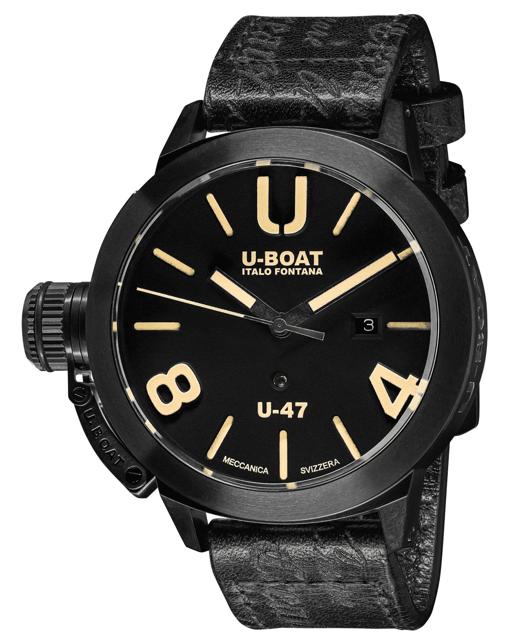 U - Boat Classico U - 47 AB1 Automatic Black PVD Black Dial Black Leather Strap Date Mens Watch 9160 - WAB - Shipping Dept.