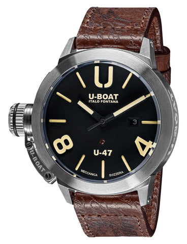 U - Boat Classico U - 47 AS1 Automatic Stainless Steel Black Dial Brown Leather Strap Date Mens Watch 8105 - WAB - Shipping Dept.