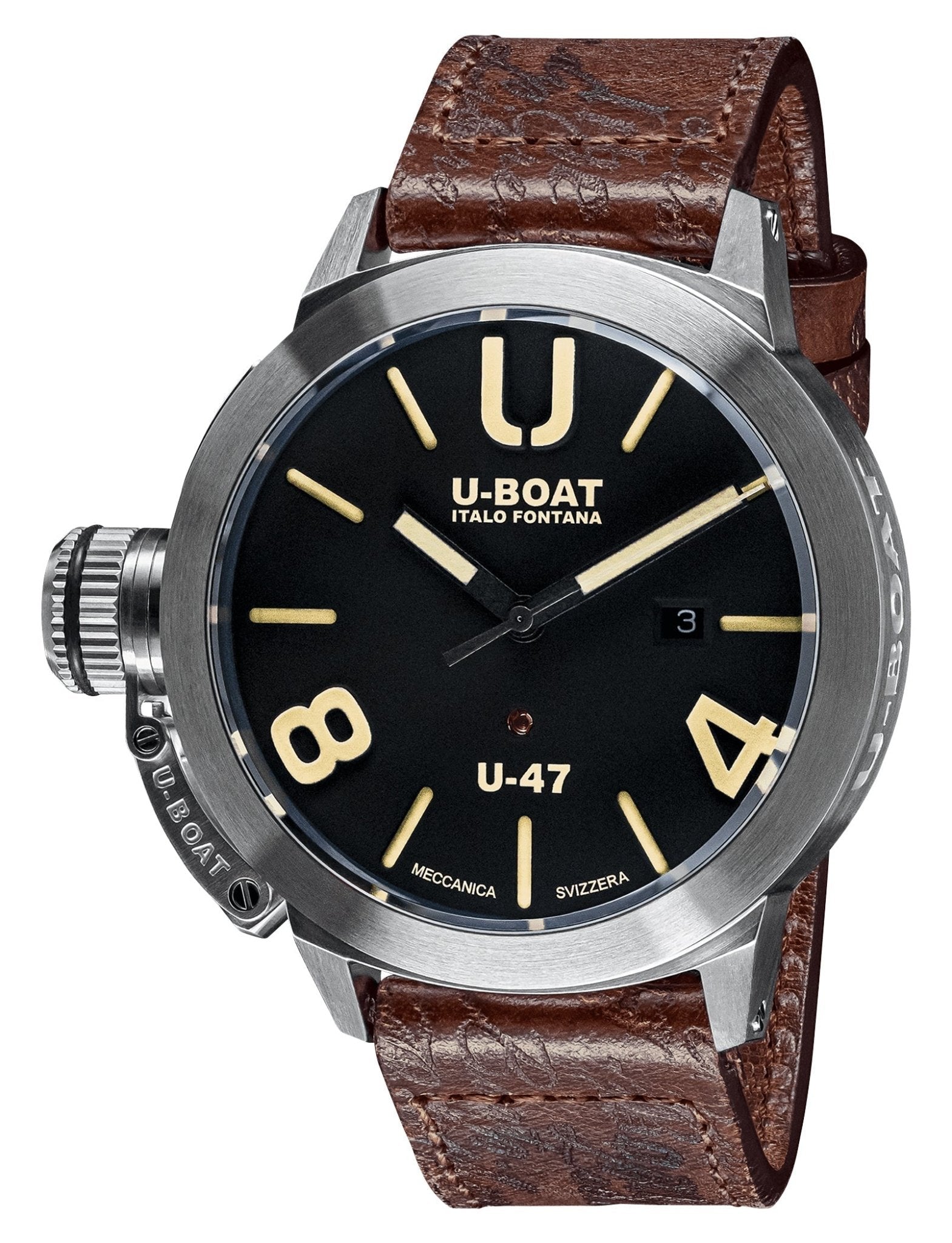 U - Boat Classico U - 47 AS1 Automatic Stainless Steel Black Dial Brown Leather Strap Date Mens Watch 8105 - Watches & Beyond