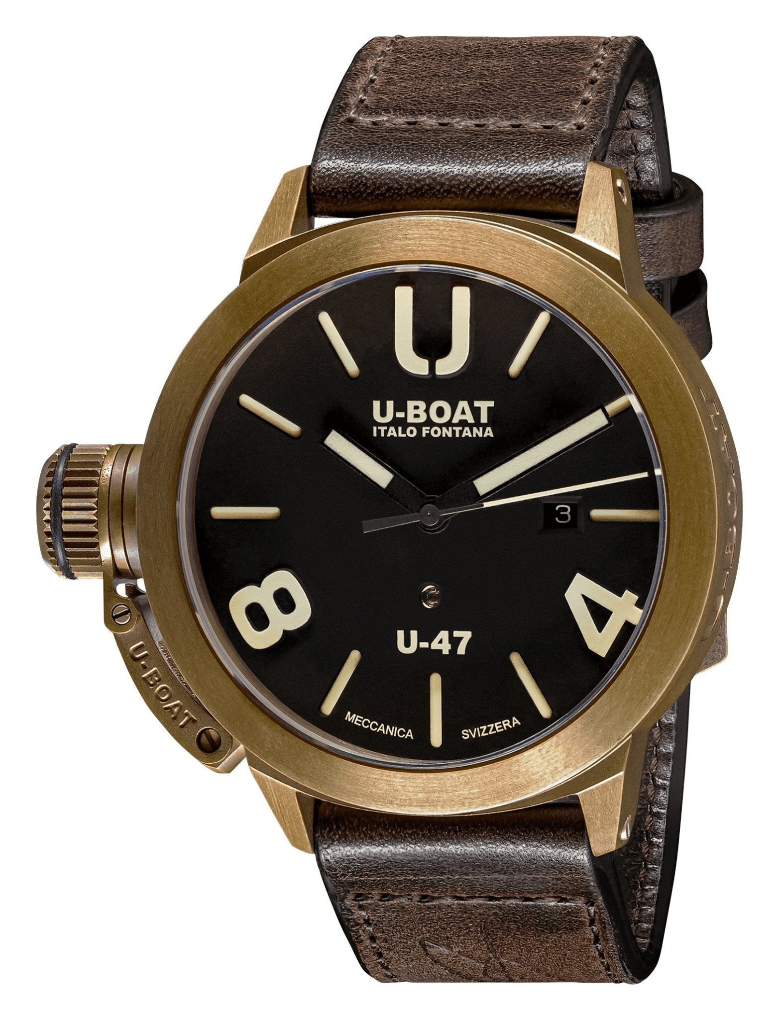 U - Boat Classico U - 47 Automatic Bronze Black Dial Brown Leather Strap Date Mens Watch 7797 - WAB - Shipping Dept.