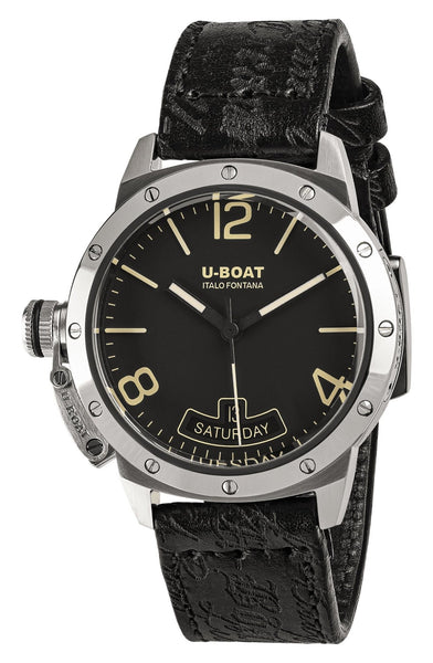 U - Boat Classico Vintage Automatic Stainless Steel Black Dial Black Leather Strap Day/Date Mens Watch 8890 - Watches & Beyond