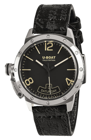 U - Boat Classico Vintage Automatic Stainless Steel Black Dial Black Leather Strap Day/Date Mens Watch 8890 - Watches & Beyond