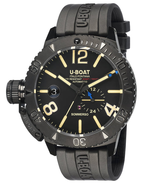 U - Boat Sommerso Automatic Black DLC Steel Black Dial Black Rubber Strap Date Divers Mens Watch 9015 - Watches & Beyond